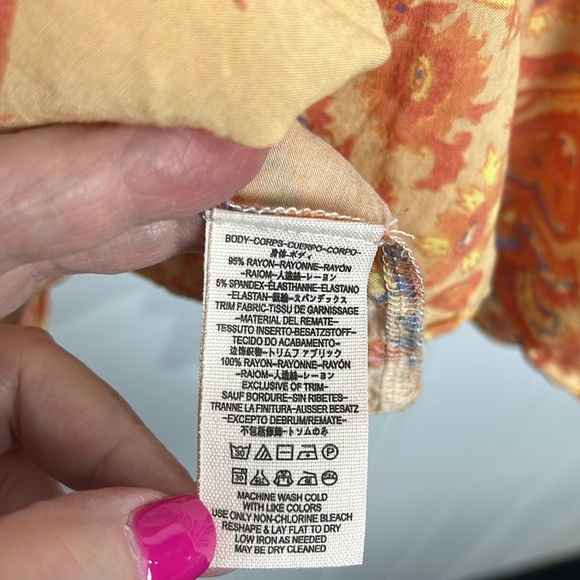 Free People Womens Top XS/S Orange/Yellow Puff Sleeves Cinch Front Keyhole Boho - Picture 6 of 10